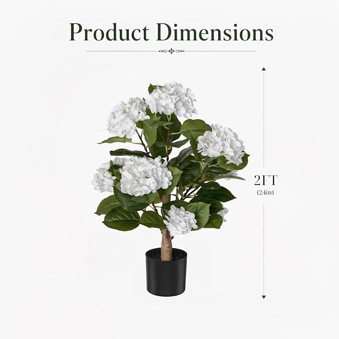 Artificial Hydrangea Flowers Tree for Outdoors, Sturdy 2FT Fake Plants with Weighted Pot, UV Resistant White Artificial Flowers for Front Porch & Home Decor, 2 Pack