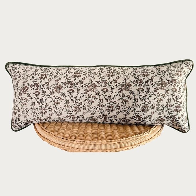 Palm & Loom 100% Cotton Linen - Long Lumbar Cushion Cover - Kavi Decorative Throw Pillow Case with Moss Green & Brown with Piping - Modern Traditional Living Room,Sofa, Bedroom Pillow Cover-14x36 Inch