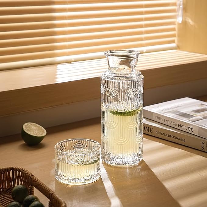 Coloch 4Pcs Bedside Glass Carafe Set With Tumbler, 21 Oz Glass Water Pitcher with 6 Oz Cup as Lid Vintage Mouthwash Dispenser Nightstand Carafe and Cup for Midnight Drink Set, for Bedroom, Bathroom