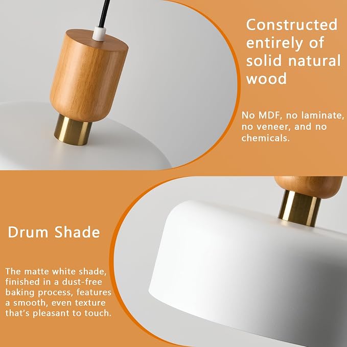 TeHenoo Modern Pendant Light, 12 inch, Matte White | Natural Wood and Brass Accent, Adjustable, For Kitchen Island, For Dining Room