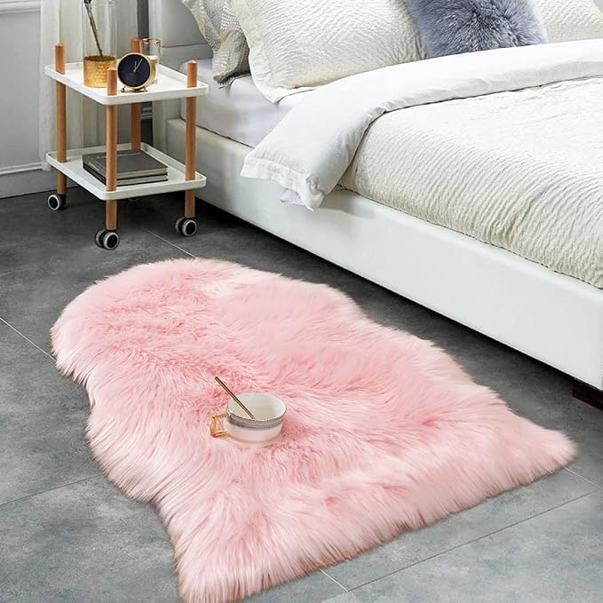Carvapet Plush Faux Sheepskin Rug - Luxury Soft Pink Chair Cover 2x3 Accent Carpet, Non Slip Suede Backing Shaggy Shag Fur Mat for Bedside Dorm