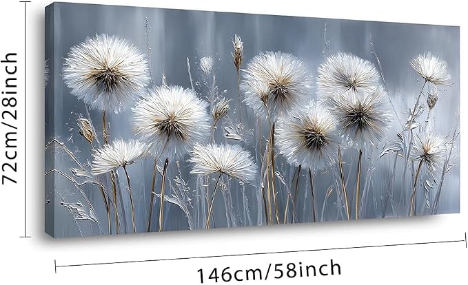 Ggaafet White Dandelion Wall Art for Living Room Canvas Oil Painting Prints Beautiful Dream Flower Floral Blooming Art Deco Modern Artwork Office Bedroom Family Dining Room Decor Extra Large