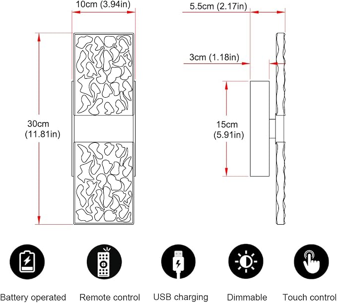 Modern Matte Black Battery Operated Wall Sconces Set of Two - Rechargeable LED Wall Lights with Acrylic Shade, Wireless Bedroom/Living Room Art Light Fixtures