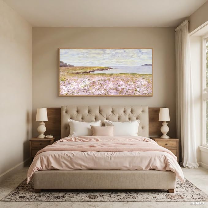 HOURIA Spring Watercolor Pink Floral Coastal Landscape Framed Canvas Wall Art Set,Nature Inspired Wildflower & Meadow Cottage Field Wall Decor,Modern Seaside Beach Artwork for Living Room,Farmhouse-20"x40"x1