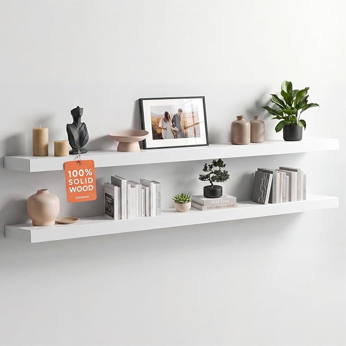 Homeforia Floating White Shelf 60 inches, High End Solid Real Wood 60inch Long Floating Shelves for Wall Mounted, White Wooden 60in Floating Shelves, Heavy Duty Bracket, 60 X 6.5 X 1.75 inch, Set of 2