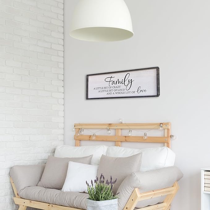 Family A Little Bit Of Crazy Sign Wall Decor 40"×15" Rustic Farmhouse Living Room Large Soild Wood Framed Hallway Hanging Sign Aesthetic Inspirational Quotes Entryway Home Wall Art (Black)