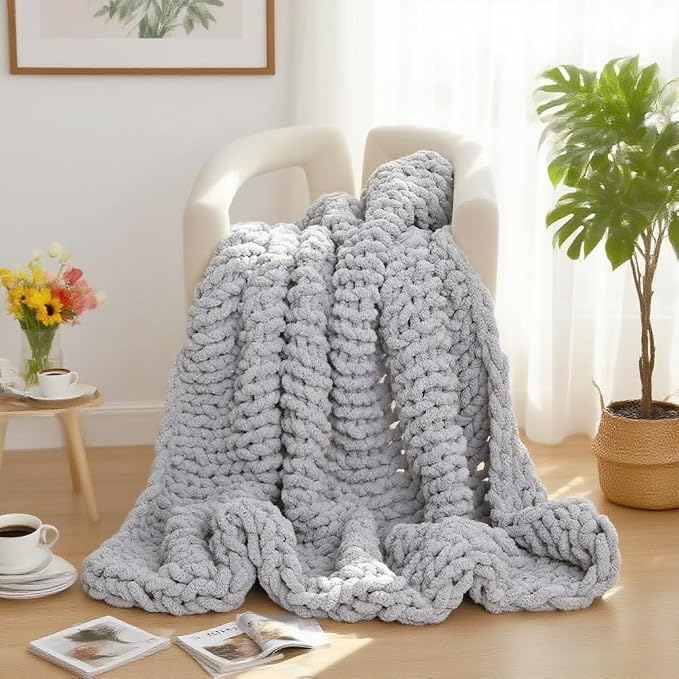 Handmade Chunky Knit Blanket, Cosy Chenille Throw (Grey, Throw (50" x 60"))