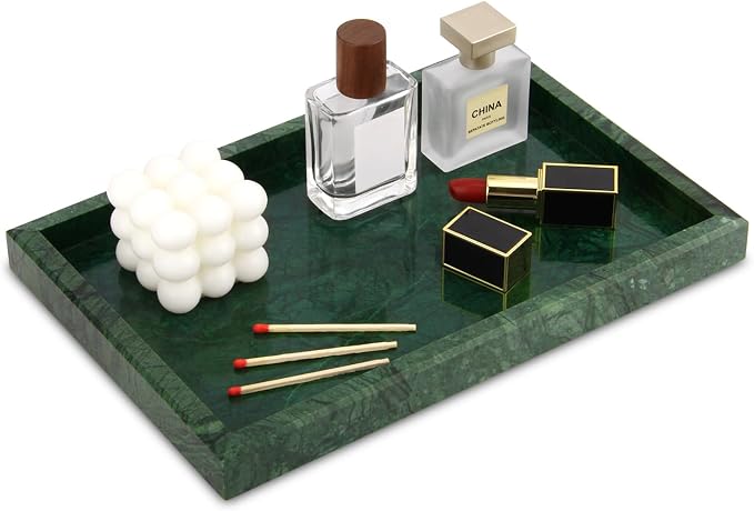 Marble Bathroom Vanity Tray, Natural Luxury Vanity Home Kitchen Bathroom Table Tray, Stone Decorative Countertop Dresser Trays for Key Coffee Perfume Jewelry Makeup (Blackish Green, 12" x 8" x 1.2")