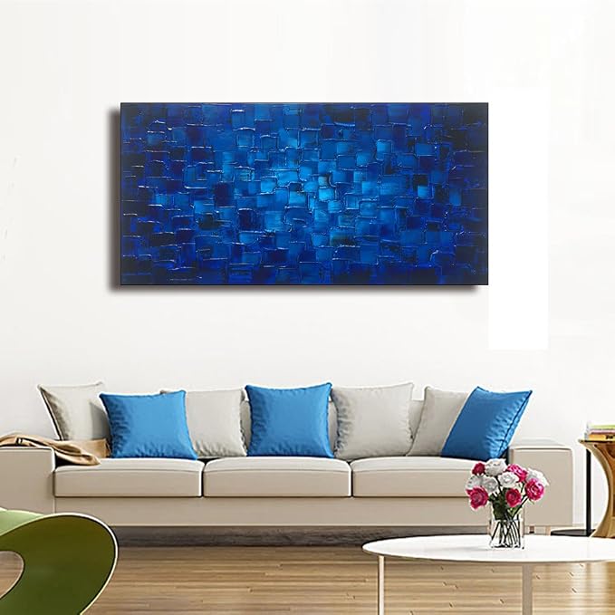 MyArton Large Abstract Dark Blue Square Wall Art Hand Painted Textured Oil Painting on Canvas Ready To Hang 60x30inch