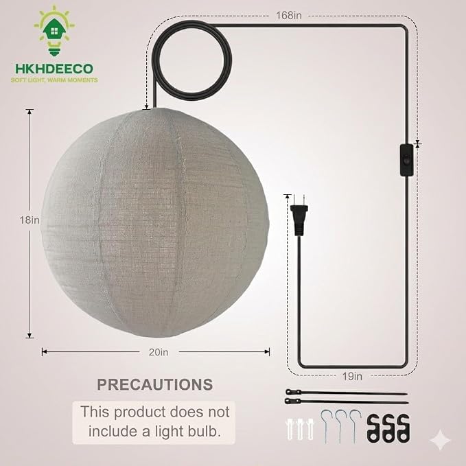Linen Plug in Pendant Light, 20" Handcrafted Round Hanging Lamp shade with 191 Inch Cord, E26 Socket, Japanese Wabi Sabi Fabric Ceiling Light for Bedroom Living Room, Natural