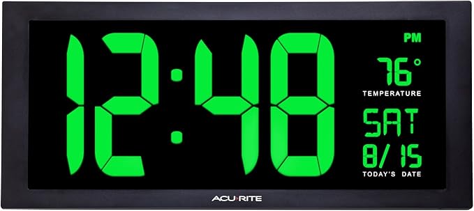 AcuRite 76101M Oversized LED Clock with Indoor Temperature, Date and Fold-Out Stand, 18", Green