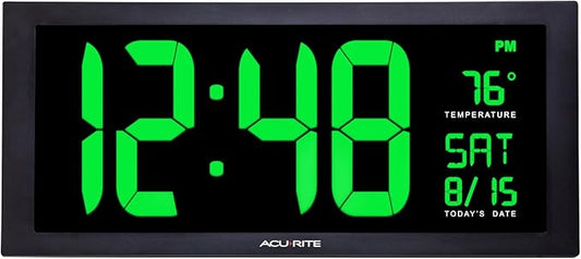 AcuRite 76101M Oversized LED Clock with Indoor Temperature, Date and Fold-Out Stand, 18", Green