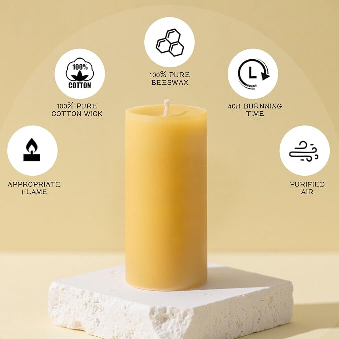 6 Pack Beeswax Candles, Non Toxic Natural Beeswax Pillar Candle for Home | Beeswax, Emergency, 2x4 Inch Organic Candles, 35 Hours Long Burning, Unscented Decorative Small Candle, Prayer Dripless