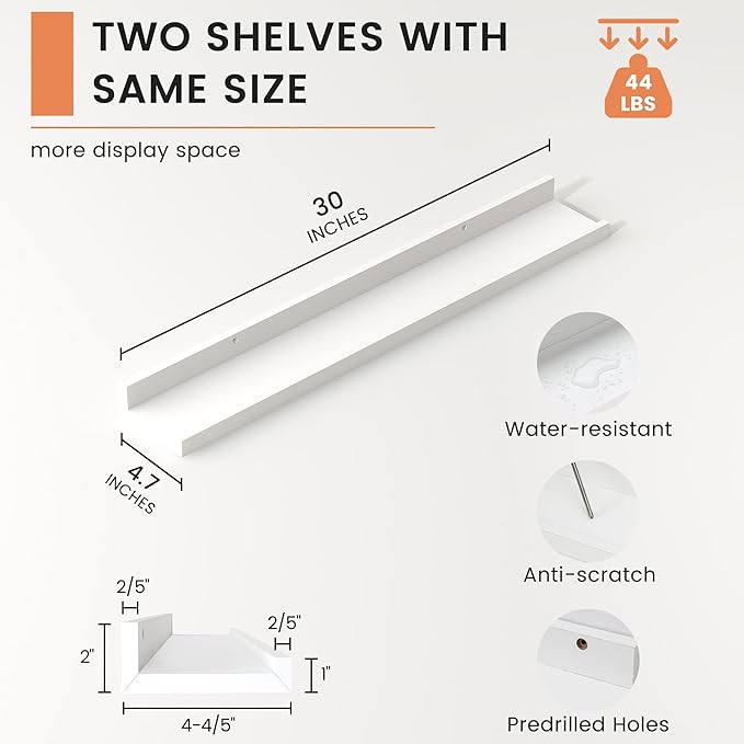 FLYJOE Picture Ledge Shelf, Floating Shelves Set of 2, 30 Inches Nursery Book Shelves for Toys Storage, Kids Bookshelf Wall Mounted for Living Room Bedroom Decor Books Photo Frames, White