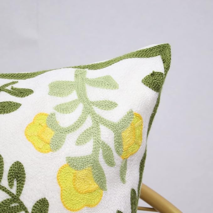 Set of 2 Embroidered Decorative Throw Pillow Covers Couch Square Pillowcases Cushion for Bedroom Sofa Farmhouse Decor 18x18 Inch (Yellow Floral)