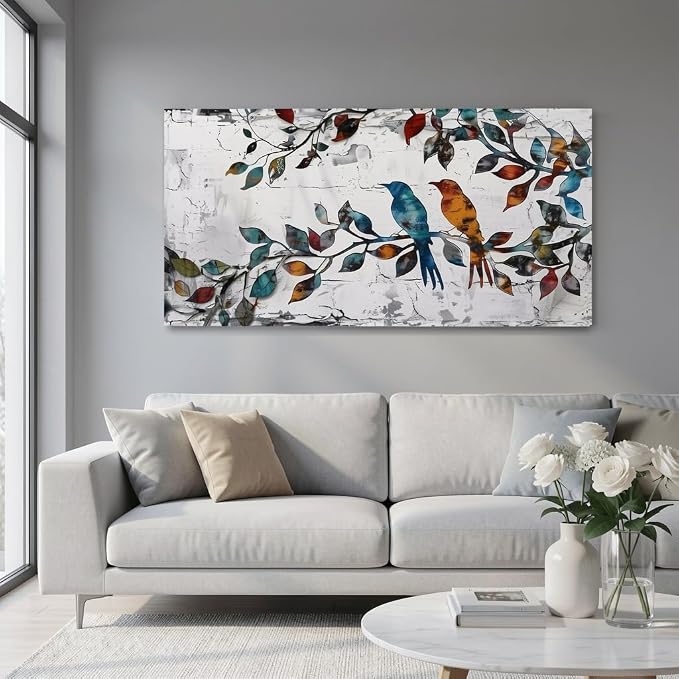Wall Art Funny Paintings Colorful Birds on a Branch Art Mural Pop Art Home Office Wall Decor Framed Canvas Wall Decor for Living Room Ready to Hang - 58x28in