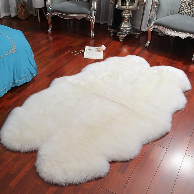 IRIWOOL Premium Genuine Fur Sheepskin Rug Real Australia Sheepskin Natural Luxury Fluffy Lambskin Fur Area Rug Seat Covers for Kids Bedroom Sofa Chair Cover (Creamy White, 4ft x 6ft)