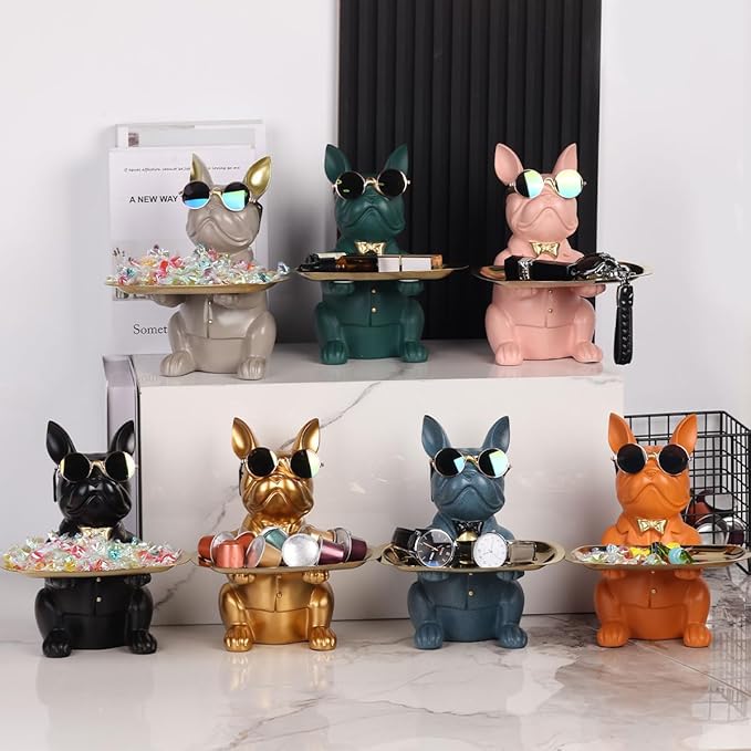 Modern Decor Resin Gray Bulldog Tray Statue Tray Storage Key Holder Candy Jewelry Earrings Tray Suitable for Home Decor Modern Art Dining Table Decor Office Small Object Tray (Gray)