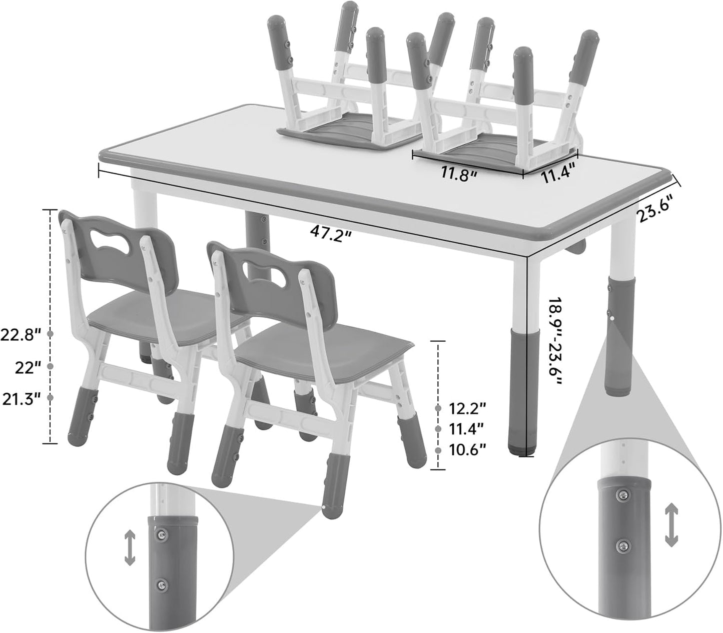 Kids Study Table and Chairs Set, Height Adjustable Toddler Table and Chair Set for Kids Ages 3-8, Graffiti Desktop (Grey)