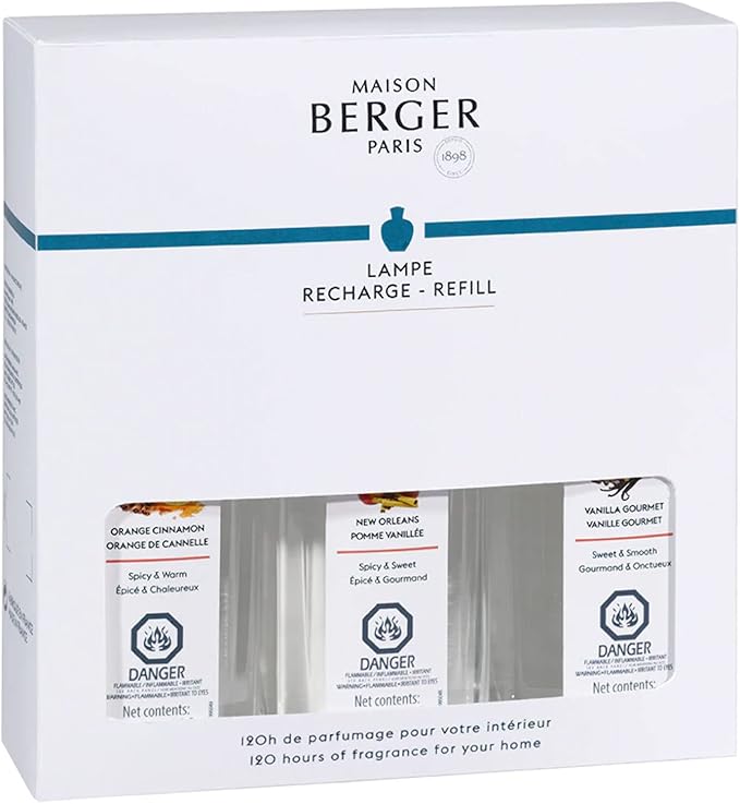 MAISON BERGER Lamp Refill Trio Warm – 3 x 250 ml Home Fragrance Refills for Lampe Berger Catalytic Lamps – Vanilla Gourmet, New Orleans & Orange Cinnamon – Helps Purify Then Fragrance the Air