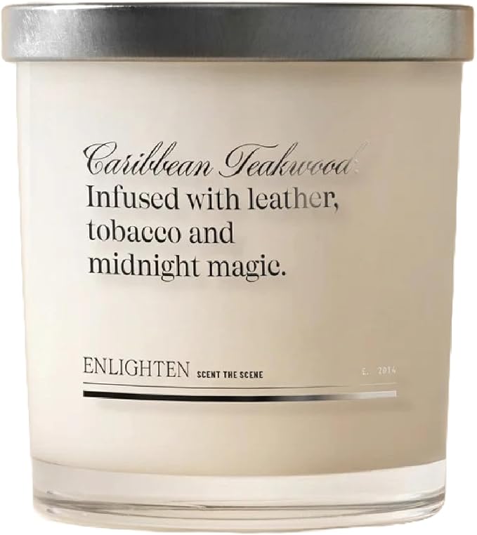 Enlighten Caribbean Teakwood Candle | Luxurious Leather, Black Pepper, Tobacco Scent | Double Scent Load for Enhanced Aroma | Eco-Friendly, Hand-Poured Soy Wax | 12oz Glass Tumbler | Made in USA