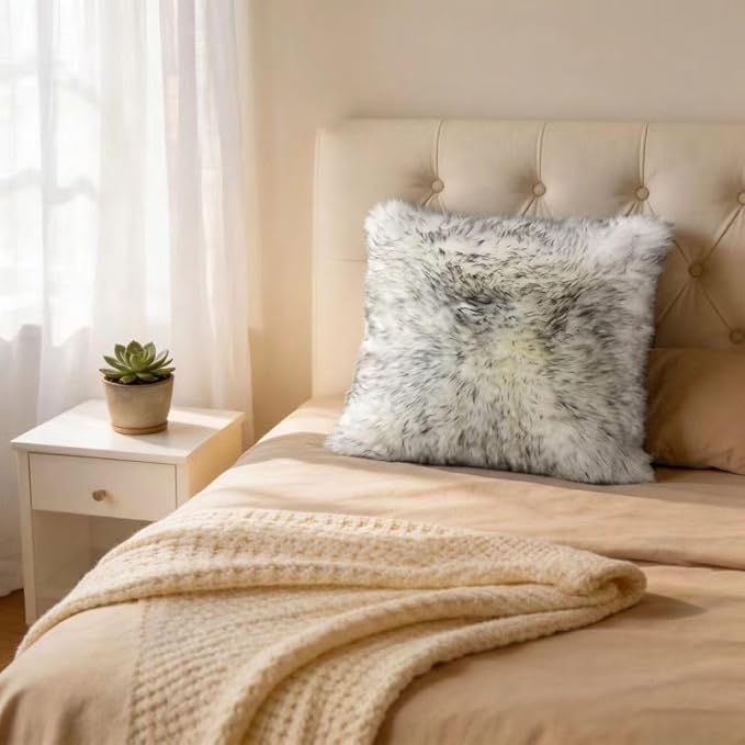 Luxury Soft Fur Sheepskin Fleece Cushion Cover Pillowcase Decorative Throw Pillows Covers, No Pillow Insert, (Silver Grey, Pack of 2)