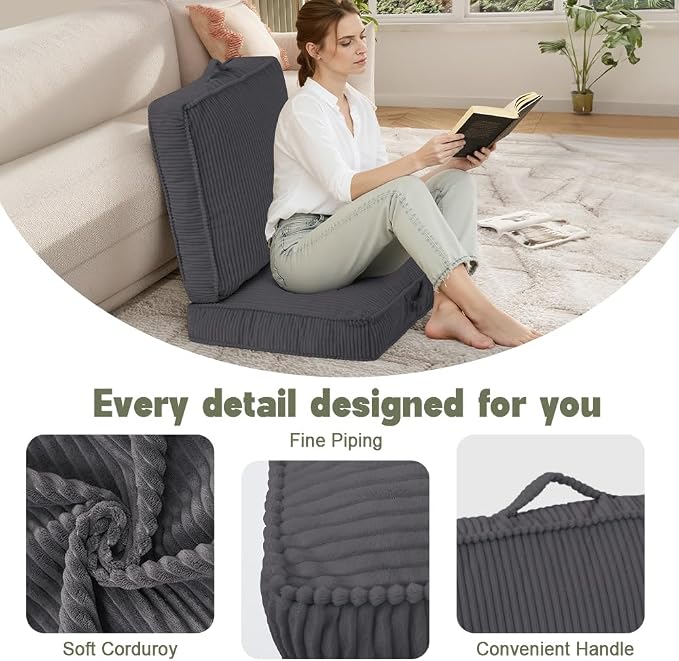Floor Pillow for Adults Set of 2, 4" Square Floor Cushions with Washable Cover, Large Corduroy Meditation Pillow, 24 inches Tatami Seat with Handle for Living Room or Yoga, Dark Grey