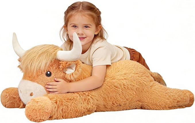 39 Inch Giant Highland Cow Stuffed Animal, Big Cattle Plushie Toy for Kids & Adults, Fluffy Large Size Stuffed Cow Hugging Pillow Gifts for Birthday (Yellow)