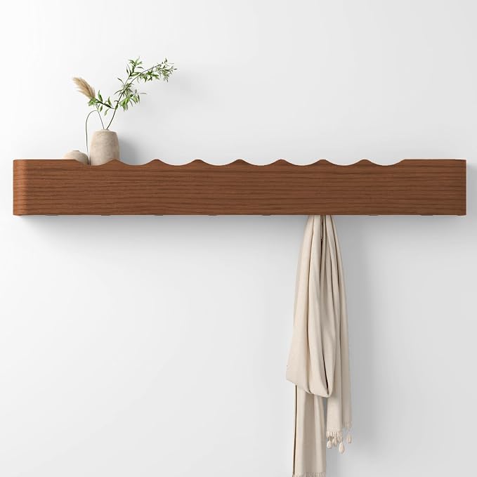 Coat Rack Wall Mount with Hidden Hooks, Wall Hooks with Shelf, Wall Key Holder Mount Wooden Shelf Entryway Hooks for Bedroom Bathroom for Hanging Coats Hats Bags Towels (Walnut Wave-Shape, 8 Hooks)