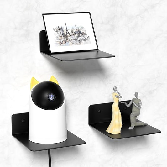 Wisfame Small Wall Shelves Set of 3, 5 Inch Metal Display Ledges for Small Models, Funkos, Collectibles, Little Statues, Adhesive Floating Shelves for Bathroom, Living Room, Bedroom (Black)