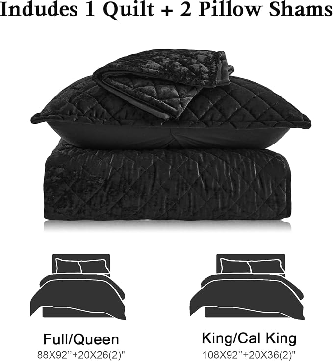 Cosybay Luxury Velvet Quilt Set Queen, Lightweight Oversized Bedspread Coverlet Quilted Box Stitch Bedding Set, with 2 Matching Pillow Shams, for All Season, Black