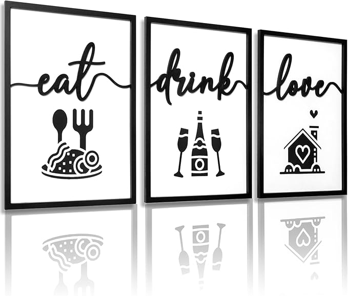 3D Wood Dining Room Wall Decor, Framed Kitchen Pictures Wall Art for Dining Room Wall Decor(Ready to Hang, 16x24 inches, Set of 3, Framed)