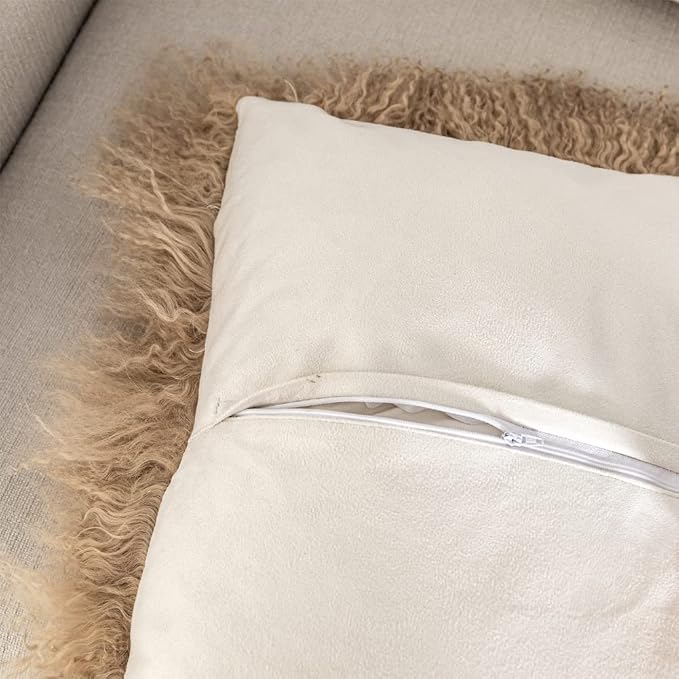 Mongolian Lamb Fur Throw Pillow Cover (16'' x 16'', Khaki), Real Sheep Fur Decorative Cushion Cover Case Home Decorative Square Throw Pillow Cover Plain Wool Pillow Protector