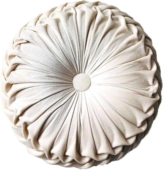 Teieas Round Throw Pillow Velvet Home Decoration Pleated Round Pillow Cushion for Couch Chair Bed Car Beige