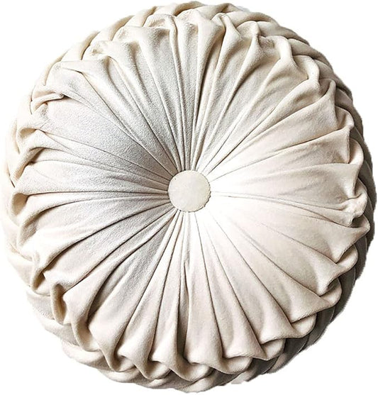 Teieas Round Throw Pillow Velvet Home Decoration Pleated Round Pillow Cushion for Couch Chair Bed Car Beige