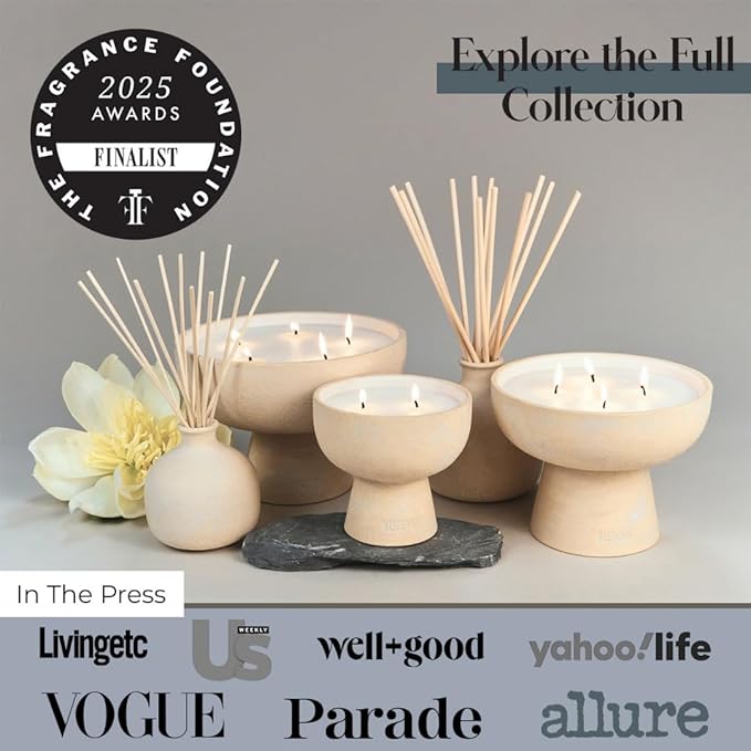 Blueme Balance Candle | White Lotus & Tea | 2 Wick - Refillable Wellness Candle with Essential Oils, Hand Finished & Poured Soy Wax Blend Ceramic Vessel, Natural Cotton Wicks | Medium 12 oz