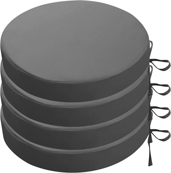 SK Studio Round Outdoor Chair Cushions for Patio Furniture, Set of 4 Waterproof Patio Chair Cushion with Adjustable Ties for Garden Sofa Couch, Grey, 22"x22"x3"