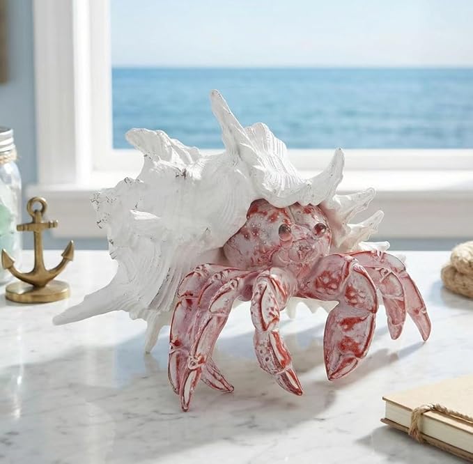 VVGIFTS Beach Coastal Decor Red Hermit Crab with Shell Figurines Decor Home Office Desk Sculpture Statue for Tabletop Shelf Bathroom Decoration Ornament Gift (Red)