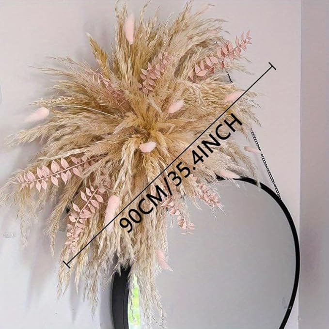 Natural Dried Flower Wall Hanging, 35 Inch DIY Boho Pampas Grass with Pink Bunny Tails and Palm Leaves for Wedding Arch and Wall Decor