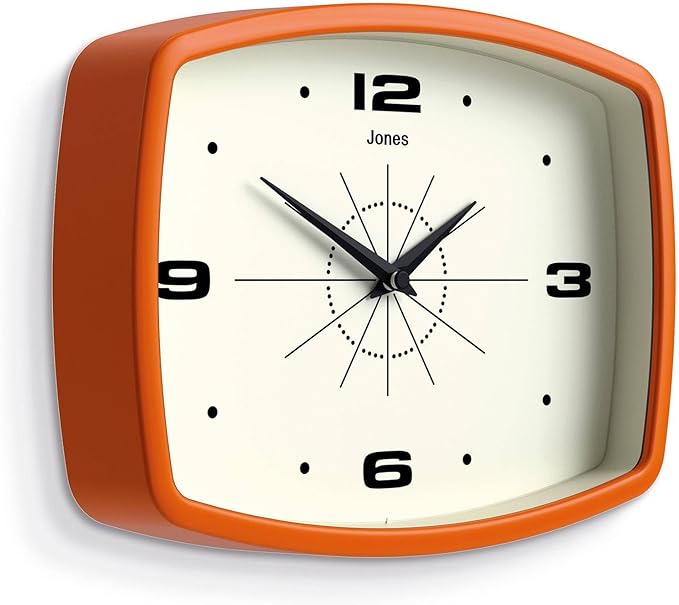 JONES CLOCKS® Movie wall Clock | Retro Rectangular Clock | 10 inch | Orange | Cool mid-Century Designer Look for Kitchen, Living Room or Office