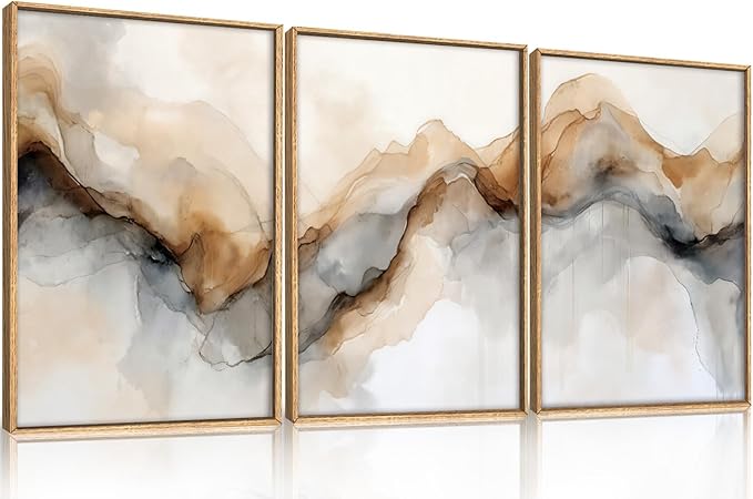 Abstract Neutral Framed Canvas Wall Art Set, Retro Watercolor Landscape Wall Decor, Modern Texture Art Prints, Minimalist Nature Wall Painting for Living Room, Bedroom, Office 16×24inches