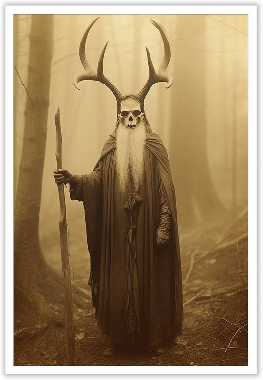 Skeleton Halloween Decor Occult Druid of the Forest Poster Canvas Wall Art Vintage Spooky Print Gothic Room Decor Dark Academia Decorations Bedroom Creepy Skull Picture 12X16inch Unframed