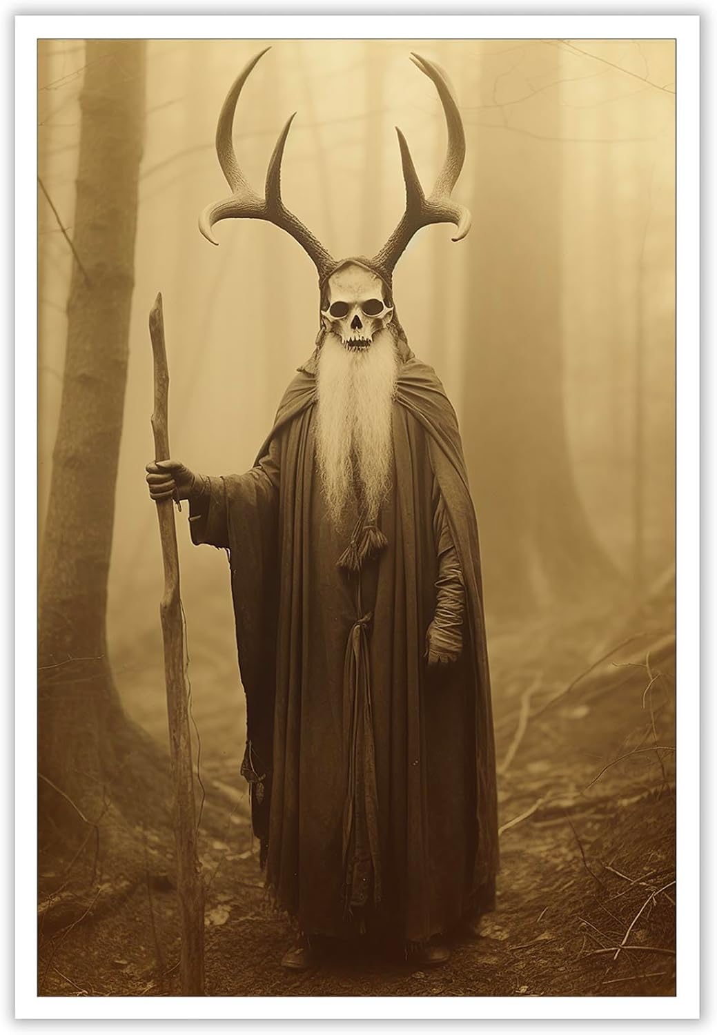 Skeleton Halloween Decor Occult Druid of the Forest Poster Canvas Wall Art Vintage Spooky Print Gothic Room Decor Dark Academia Decorations Bedroom Creepy Skull Picture 24X36inch Unframed
