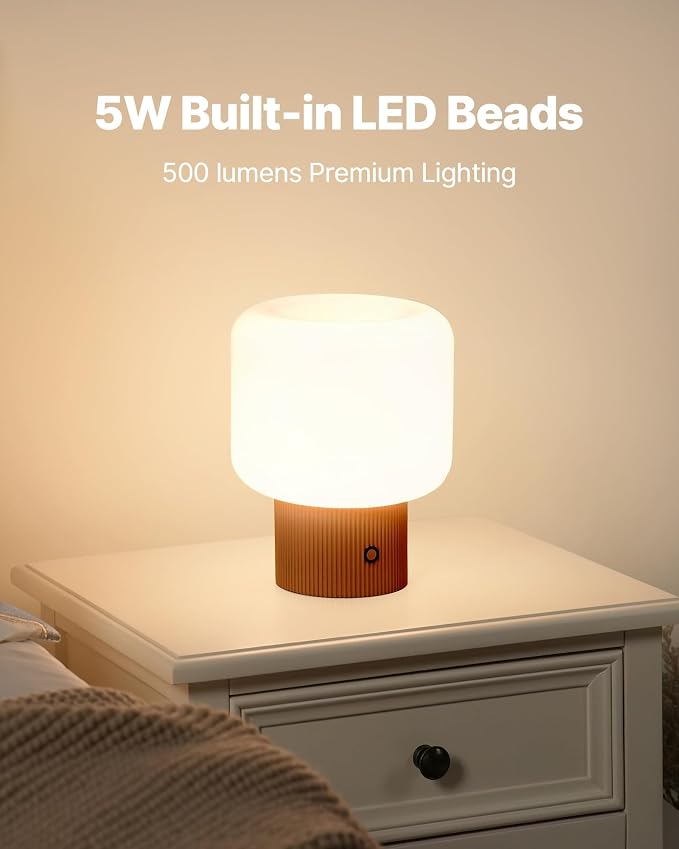 MAGCHARM Halo Mushroom Lamp, 5W Cute Cordless Rechargeable Table Lamp with Glass Shade, 3-Color Dimmable Small Retro Touch Bedside Lamp for Bedroom Ambient Decor (Orange)