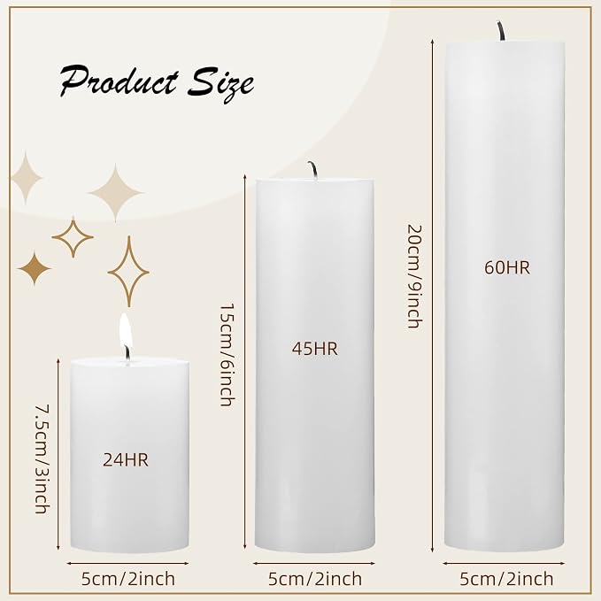 Lounsweer 12 Pcs Pillar Candles Bulk for Wedding Unscented Pillar Candles 3 Set 2 x 3/6/8 Inch Multi Size for Weddings Engagement Spa Home Party Events Ceremony(White)