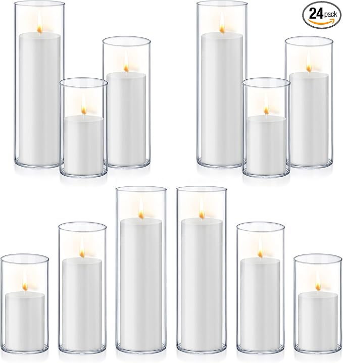 Homjoy 24 PCS White Pillar Candles with Glass Candle Holders Clear Hurricane Candle Holders Glass Cylinder Vases for Centerpieces Wedding Party, Event, Home Office (12 Candles+12 Candle Hoders)