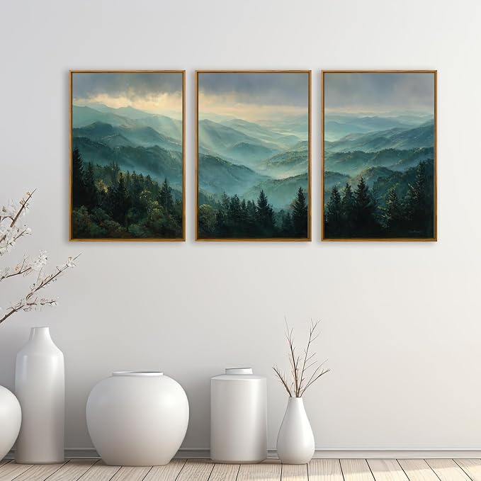 QTUSYUR Sage Green Mountain Wall Art - Large Farmed Pine Forest Landscape Art Print - Abstract Nature Adventure Artwork for Farmhouse Bedroom Living Room- Misty Mountains Triptych Decor 16”×24”×3