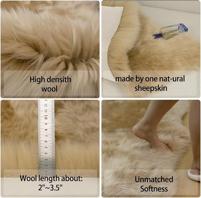Sheepskin Rug, Fluffy Shaggy Area Rug, Super Soft 24‘ x 72’ Sheepskin Hair Rug, Plush Rug, Decorative Rugs for Bedroom, Children's Room, Living Room (Khaki Camel, 24" x 72")