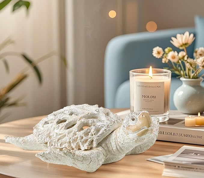 VVGIFTS Ocean Decor White Sea Turtle Coral Reef Home Office Decor Sculpture Beach Coastal Tabletop Shelf Collection (White)