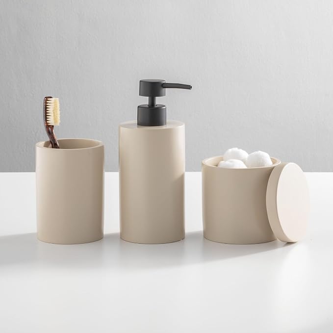 mDesign Resin 3-Piece Bathroom Vanity Countertop Accessories - Soap Dispenser, Tumbler Rinsing Cup, and Canister Holder Sets - Complete Modern Counter Aesthetic - Set of 3 - Taupe/Beige